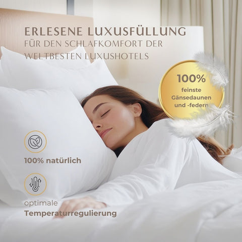 Person schläft entspannt auf dem Excellence Gänsedaunenkopfkissen mit hochwertiger Gänsedaunenfüllung und natürlicher Temperaturregulierung.