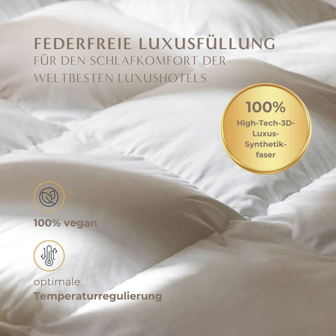 Nahaufnahme des Excellence Topper Federfrei mit bauschiger High-Tech-3D-Lyxtex-Füllung, veganer Verarbeitung und optimaler Temperaturregulierung.