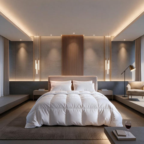 Luxushotel-Suite mit Doppelbett, HANSE Premium Kissen und weißer Daunendecke vor Holzlamellen-Wand
