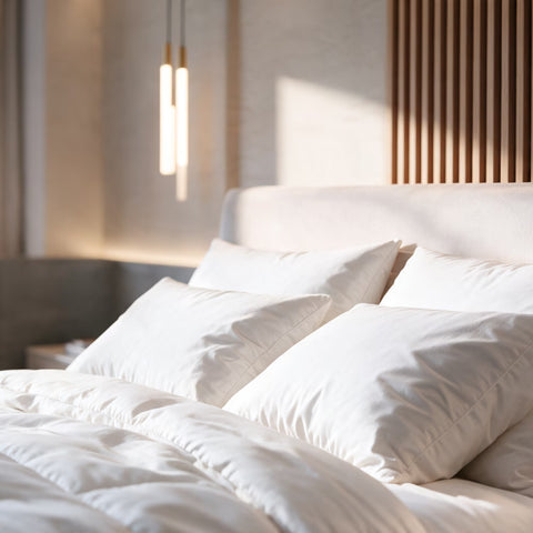 Weiße HANSE Premium Kopfkissen im warmen Licht am gepolsterten Kopfteil eines Hotelbetts