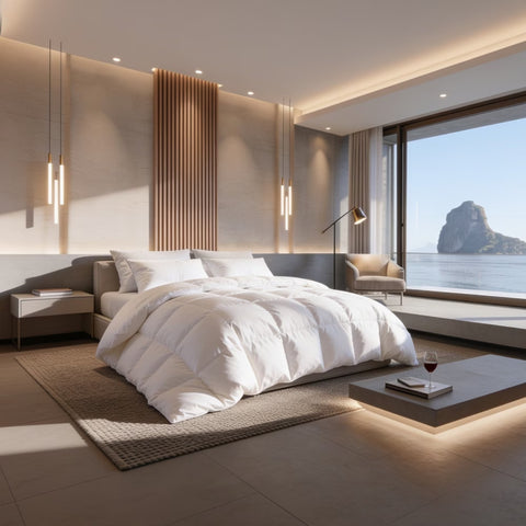 Modernes Schlafzimmer mit weißer Premium-Daunendecke, flauschigen Kopfkissen und luxuriösem Hotelbett in heller, minimalistischer Einrichtung.