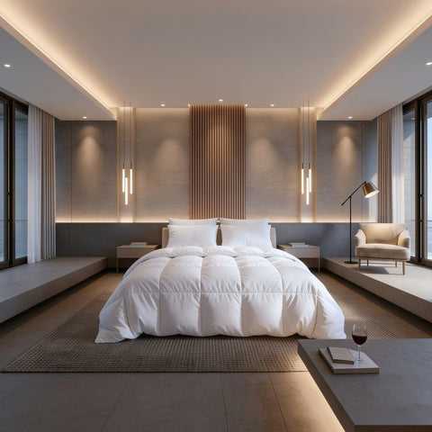 Luxuriöses Hotelbett mit hochwertiger weißer Daunendecke und passenden Kopfkissen in einem modernen, hellen Schlafzimmer.