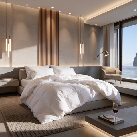 Elegantes Schlafzimmer mit luxuriösem Boxspringbett, hochwertiger Daunendecke und weißen Hotelkissen in moderner Wohnatmosphäre.