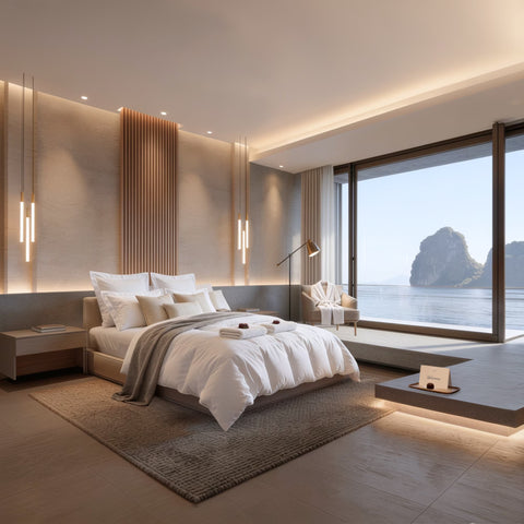 Modern eingerichtetes Schlafzimmer mit weißer Premium-Daunendecke, weichen Kopfkissen und stilvollem Hotelbett bei Tageslicht.