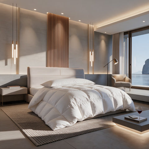 Luxushotel-Suite mit Meerblick, Bett mit langem HANSE Premium Seitenschläferkissen und weißer Daunendecke