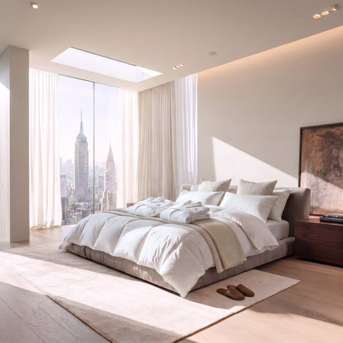 Federfreie Bettdecke auf modernem Designerbett in lichtdurchflutetem Schlafzimmer mit luxuriösem Hotelkomfort.