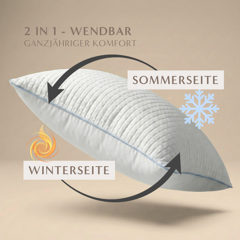 Kühlkissen mit wendbarer Sommer- und Winterseite, Pfeile zeigen die Wendefunktion