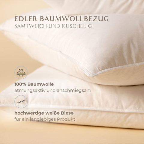 Nahaufnahme des Premium 1-Kammer-Kissen Klassikers mit atmungsaktivem Baumwollbezug, hochwertiger Biese und sorgfältiger Verarbeitung.