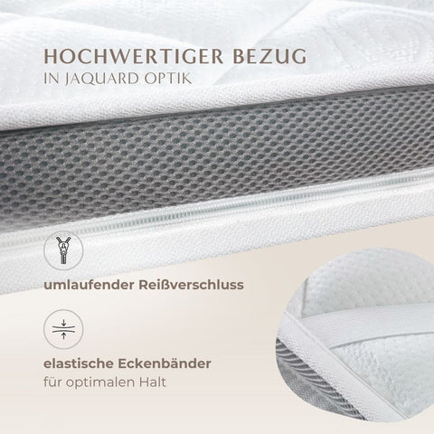 Nahaufnahme des Premium Gelschaum Toppers mit edlem Jacquard-Bezug, umlaufendem Reißverschluss und elastischen Eckbändern für sicheren Halt auf der Matratze.