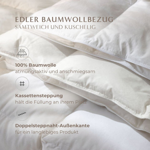 Hochwertige natürliche Daunendecke mit edlem Baumwollbezug aus 100 Prozent Baumwolle und langlebiger Kassettensteppung